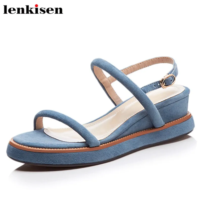

Lenkisen 2014 hot sale kid suede solid med heels ankle-wrap thick bottom wedges meeting shopping concise shoes women sandals L03