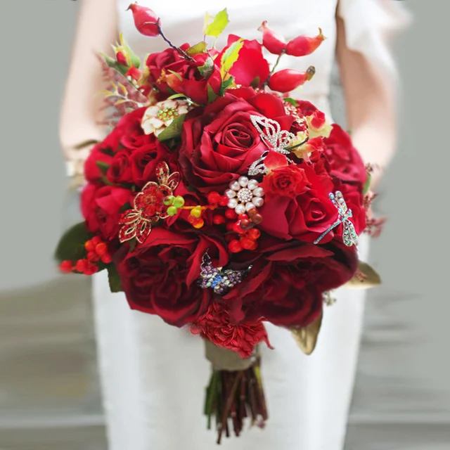 Novo estilo Chinês, rosas buquê de casamento broche buquê