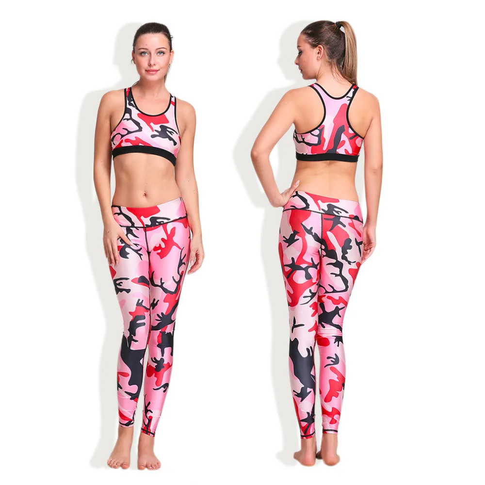 HW2017 Yoga Camouflage Tank Vest Sunset 3D Digital Printing Elastic Breathable Women Gyms Run Sports Stylish Yoga Leggings Suit