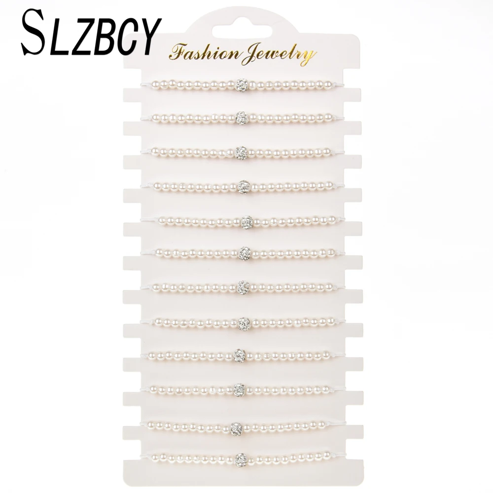 

12 pcs/lot White Imitation Pearls Beads Strand Bracelets For Women Crystal Disco Ball Charms Adjustable Bracelet Fashion Jewelry