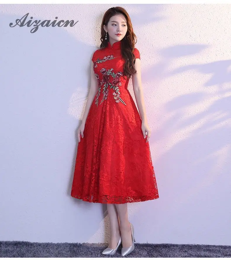 Encaje rojo boda Qipao mucho Cheongsam chino tradicional vestido Ретро Qi Pao de las Mujeres de China 2019 vestidos de noche