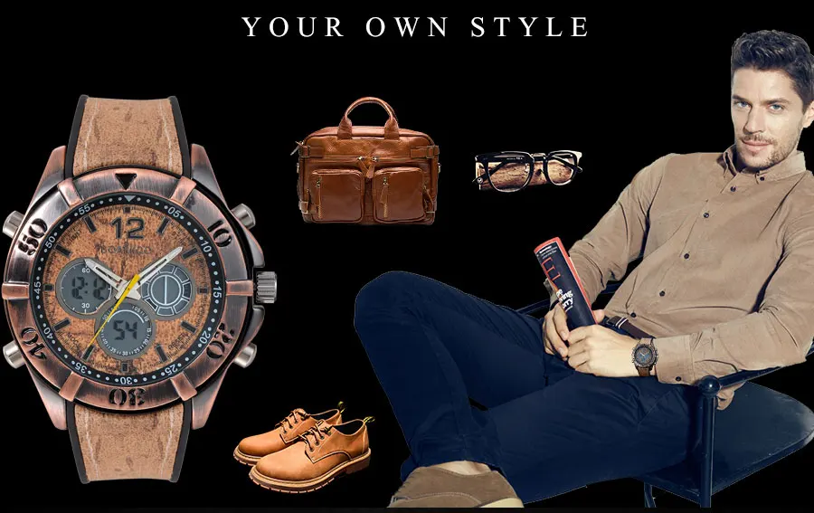 BOAMIGO Brand Vintage Punk Men's Watches Retro Wood Design Analog Digital LED Quartz Watch Waterpfoof 2 Time Zone Wristwatches (8)