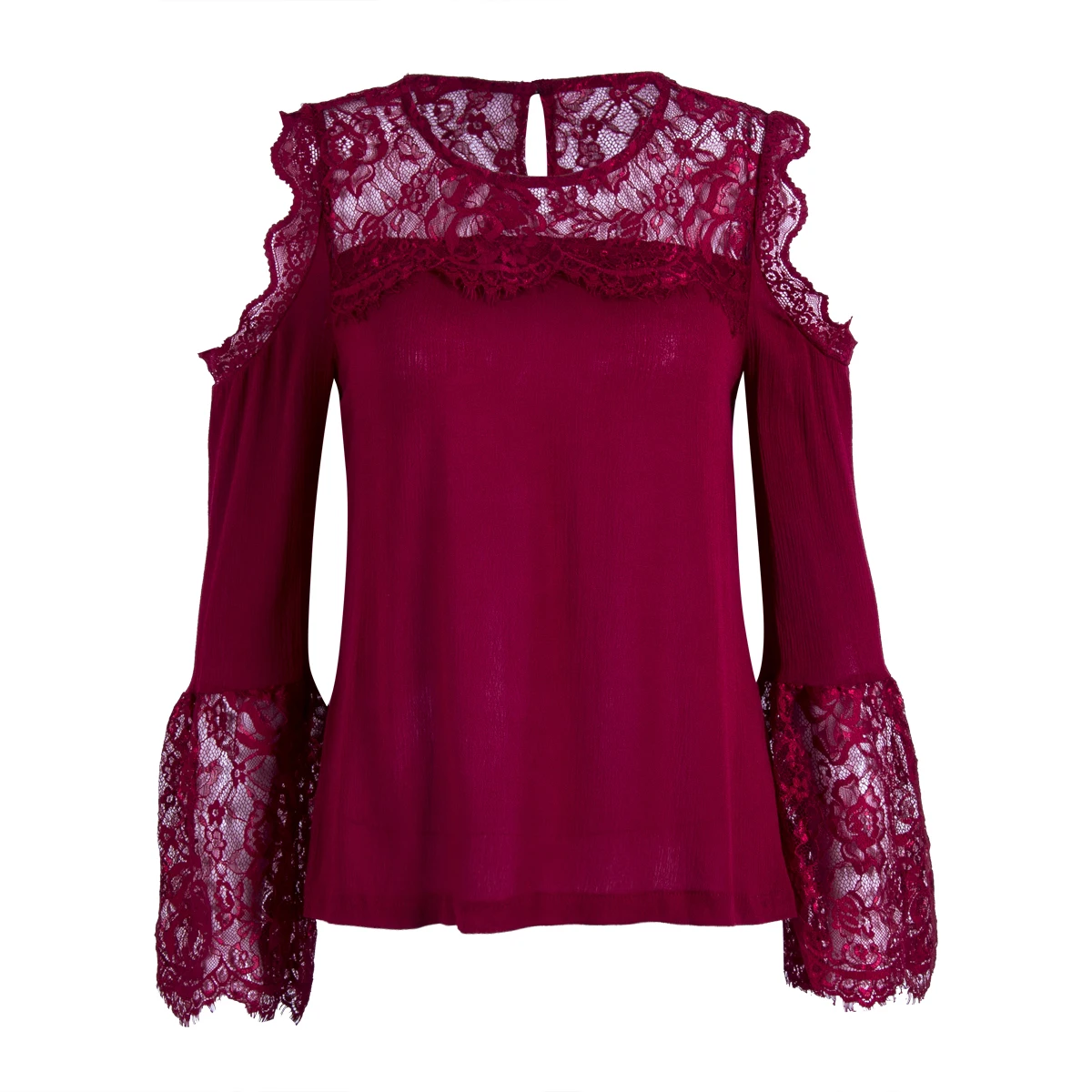 Women Lady Blouse Long Sleeve Lace Loose Casual Solid Cotton Blend ...