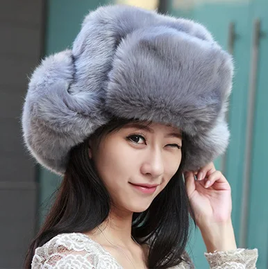 Серый Новые зимние Earflap Кепки шапка для Для женщин Для мужчин искусственного меха бомбардировщик Hat Открытый русский шапка из искусственного меха кролика рекса Hat - Цвет: Серый