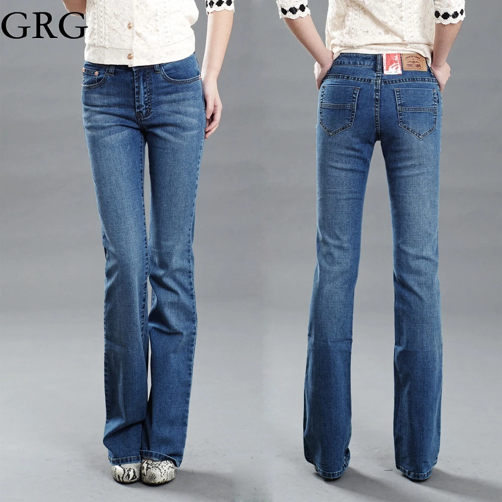 Women's slim mid waist light blue bell bottom jeans trousers plus size ol