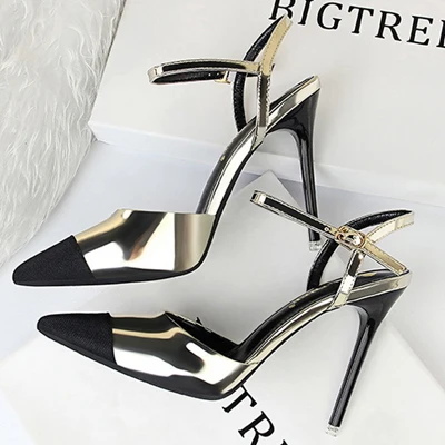 

Summer New 2019 Ladies Fashion Hollow Color Matching Fine With Mouth Shallow Professional Pointed Thin High Heel Sandals 8-10cm