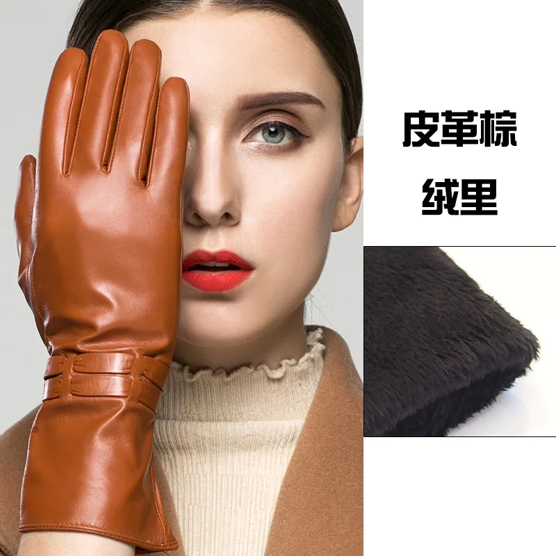 leather brown Бренд KLSS новые женские перчатки из натуральной кожи зимние Бархатные модные элегантные высококачественные длинные перчатки из козьей кожи 703 - Цвет: leather brown