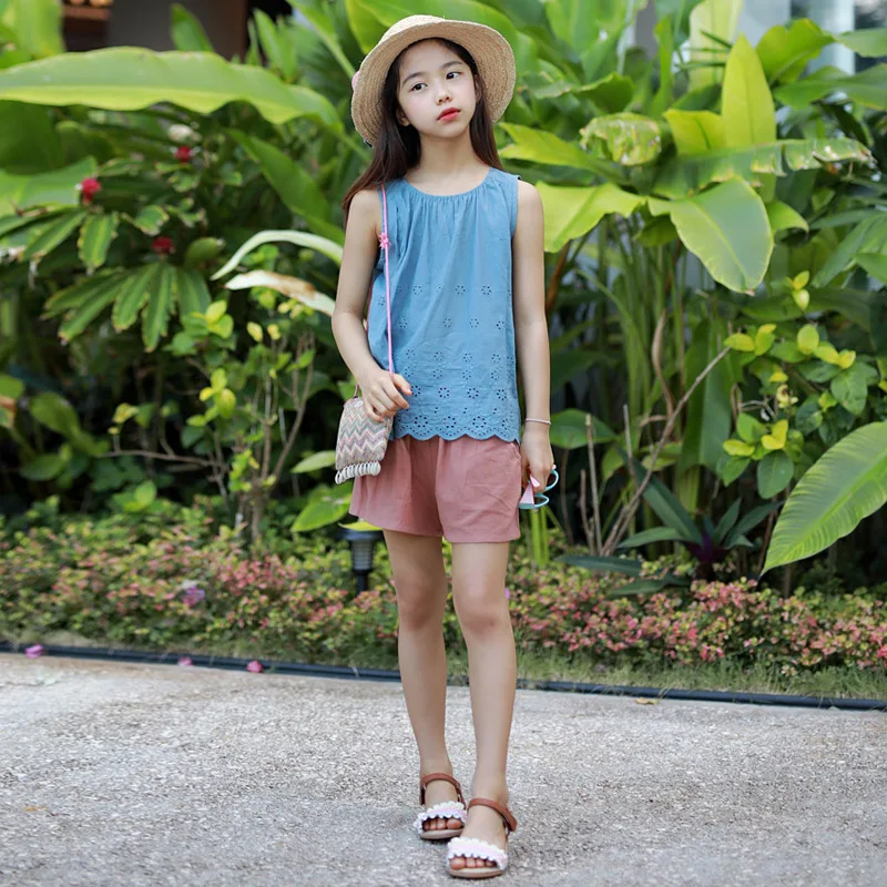 

Summer New Girl Clothing Set Blue Cotton O-neck Sleeveless Hollow Tops Pink Shorts 2 Piece Set Casual Big Girl Daily Clothes Set