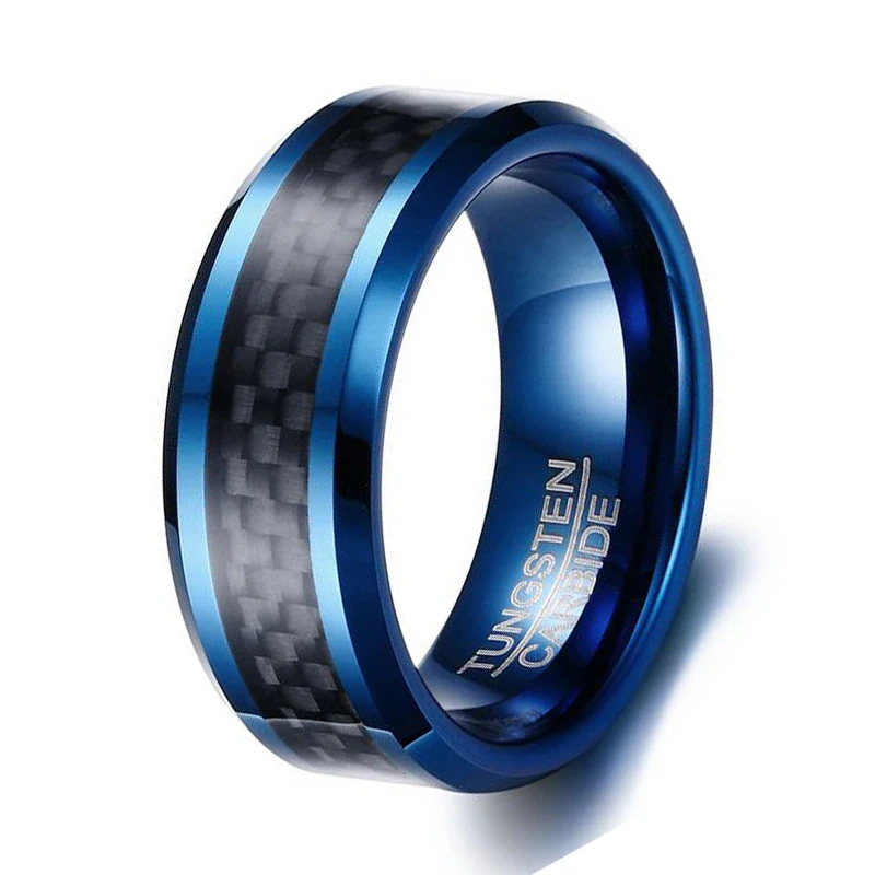 Blue Color Tungsten Rings for Men Wedding Bands 8mm Men's Black Carbon