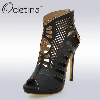 

Odetina 2019 Women High Heel Gladiator Sandals Boots Cut Outs Summer Shoes Peep Toe Sandals Zipper Thin Heels Big Size 32-48
