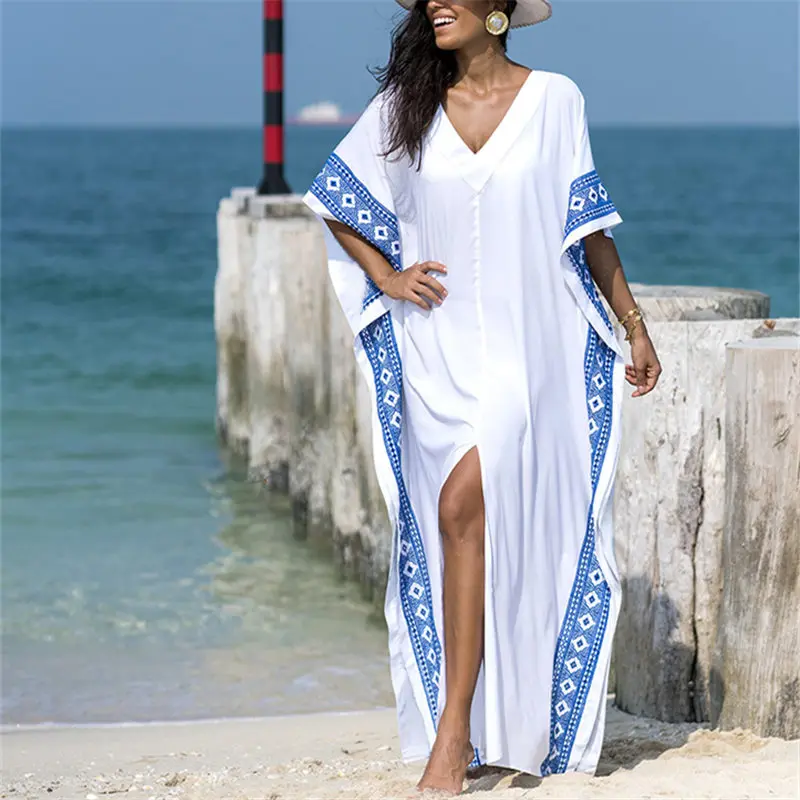 

2019 Casual V-Neck Bats Sleeve Side Split Beach Kaftan Loose Summer Dress White Cotton Tunic Women Street Wear Maxi Dress N887