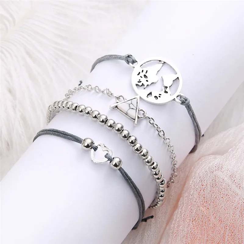 Miss JQ Classic Vintage Heart Charm Bracelets Set For Women New Bohemian Map V-shape Bracelet Female Fashion Jewelry Gifts | Украшения и
