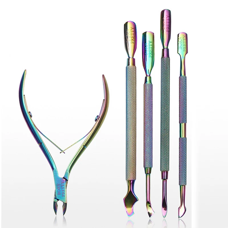 Cuticle Nipper Pusher Set Rainbow Stainless Steel Dead Skin Remover