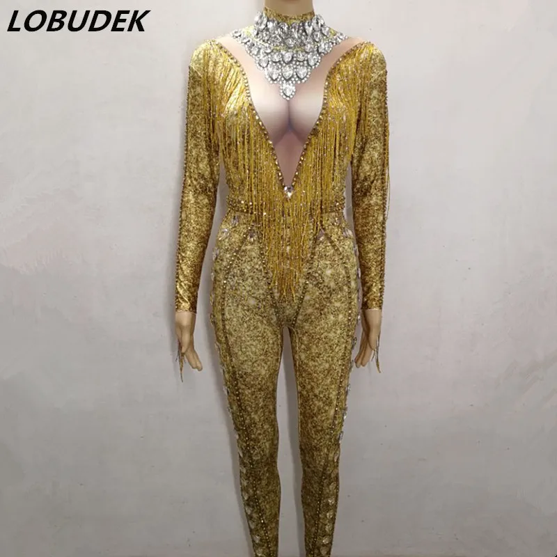 Gold Tassels Jumpsuit Sparkly Rhinestones Long Sleeve Jumpsuits Sexy
