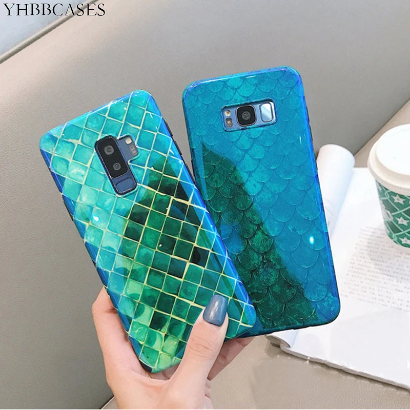 

YHBBCASES Emerald Fish Scale Phone Cases For Samsung Galaxy S8 S8Plus S9 Plus Note8 Note 9 Fashion Blu-ray Plaid Soft Case Cover