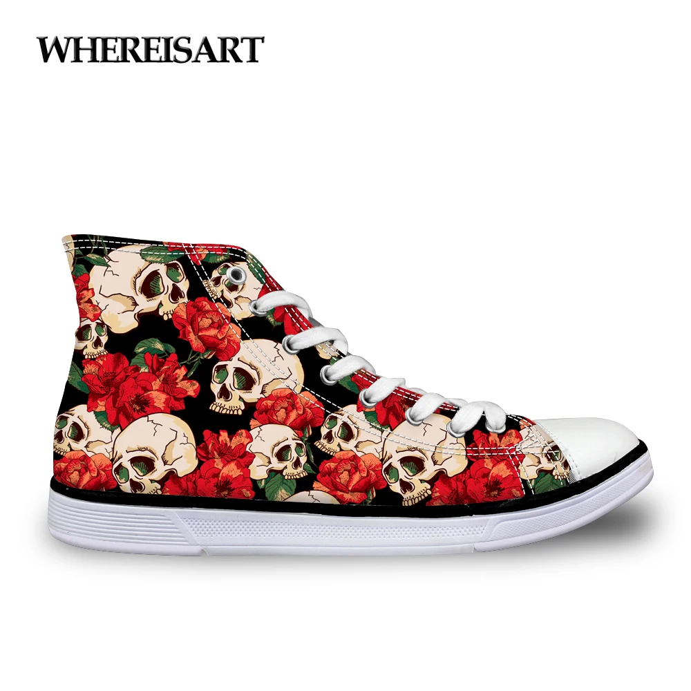 

WHEREISART Women Casual High-top Canvas Shoes Girls Vulcanized Shoes Skull Print Student Lace-up Leisure Shoes Tenis Feminino