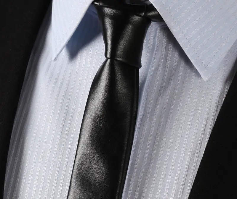 

LET2 black Leather Tie Casual Classic Fashion Skinny Slim Solid Men Necktie