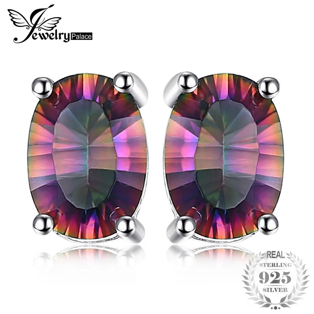 

JewelryPalace 3.6ct Natural Mystic Fire Rainbow Topaz Oval Earrings Stud For Women Solid 925 Sterling Silver Earrings For Women