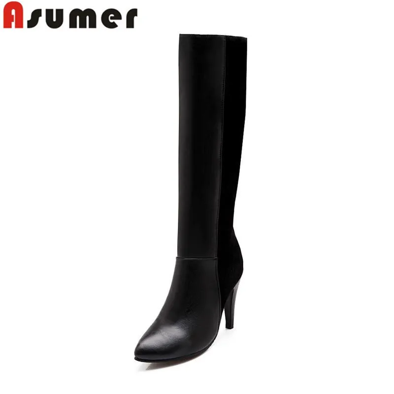 Asumer Big size 32-43 autumn winter hot sale fashion pu leather knee high boots thin high heel pointed toe sexy women boots цена Asumer Big size 32-43 autumn winter hot sale fashion pu leather knee high boots thin high heel pointed toe sexy women boots цены онлайн