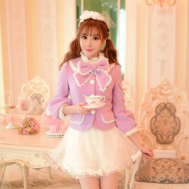 

Candy rain Princess sweet lolita coat winter 2019 sweet bowknot grid cloth lantern sleeve short coat C16CD5931