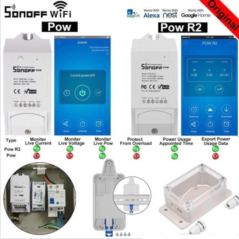 

Sonoff Pow R2 Smart Wifi Switch Controller With Real Time Power Consumption Measurement 15A/3500w Smart Home Device Android IOS