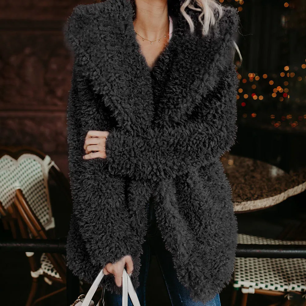 Manteau femme hiver, женское теплое однотонное пальто из искусственной шерсти, Женская куртка, элегантная женская зимняя верхняя одежда с отворотом, пальто