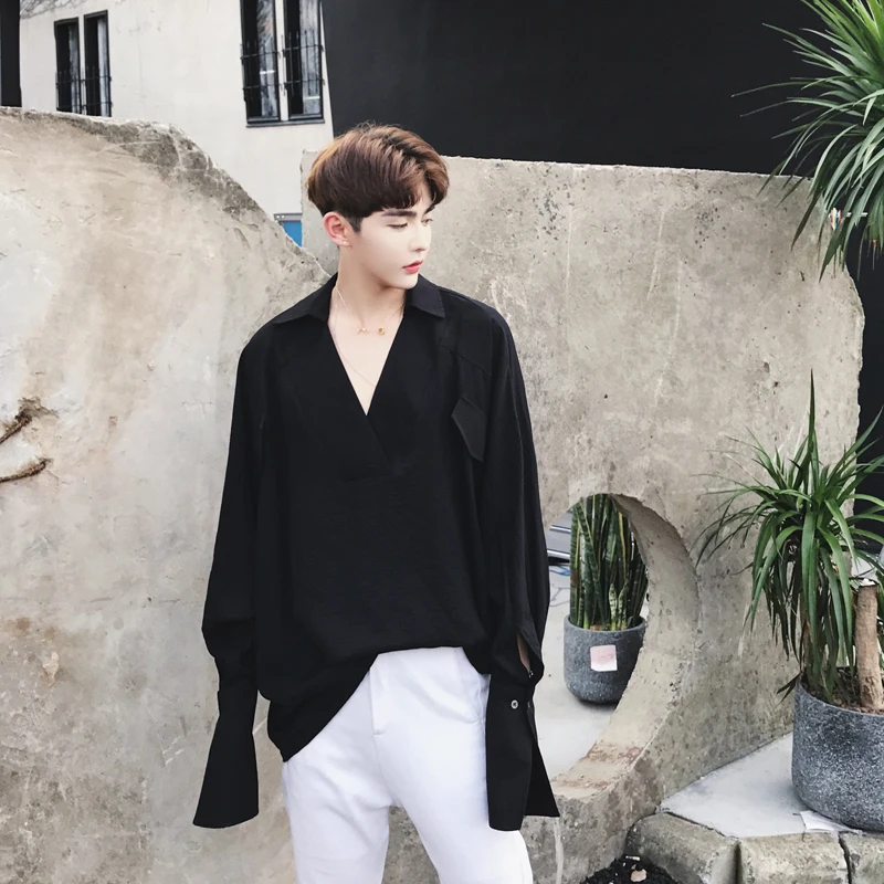 Men Gothic V-neck Shirt Punk Puff Sleeve Baggy Retro Top Fashion White Black New