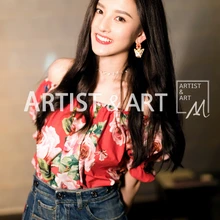 Лидер продаж Для женщин Сладкие одежда Eleagnt Slash шеи короткий с пышными рукавами хлопок Топ с модным принтом тонкий с открытыми плечами Топ