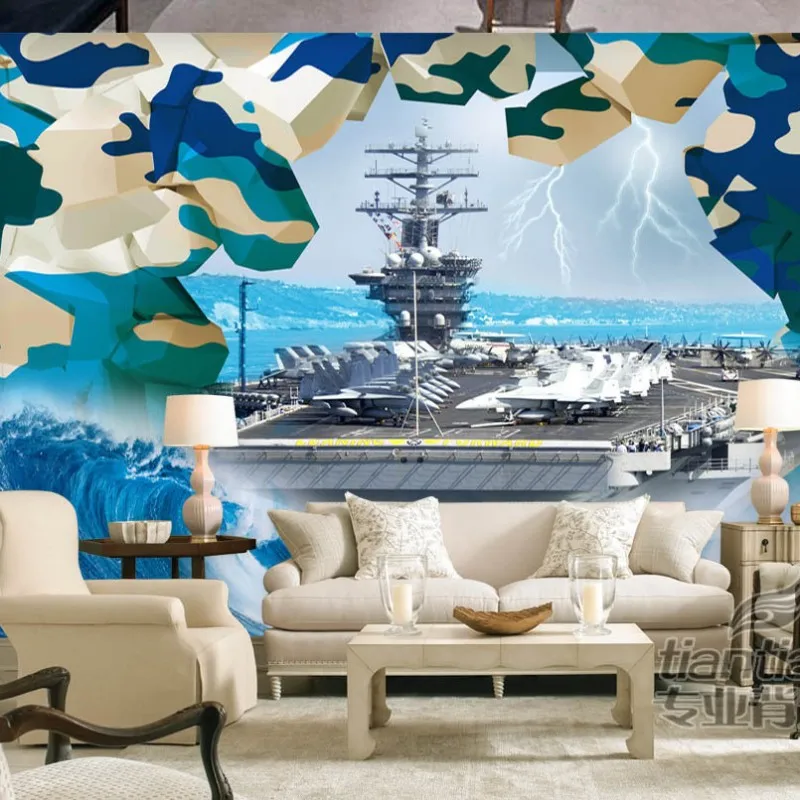 

Free shipping custom Aircraft carrier breaks wall into bar KTV background wall military series 3d wallpaper murals