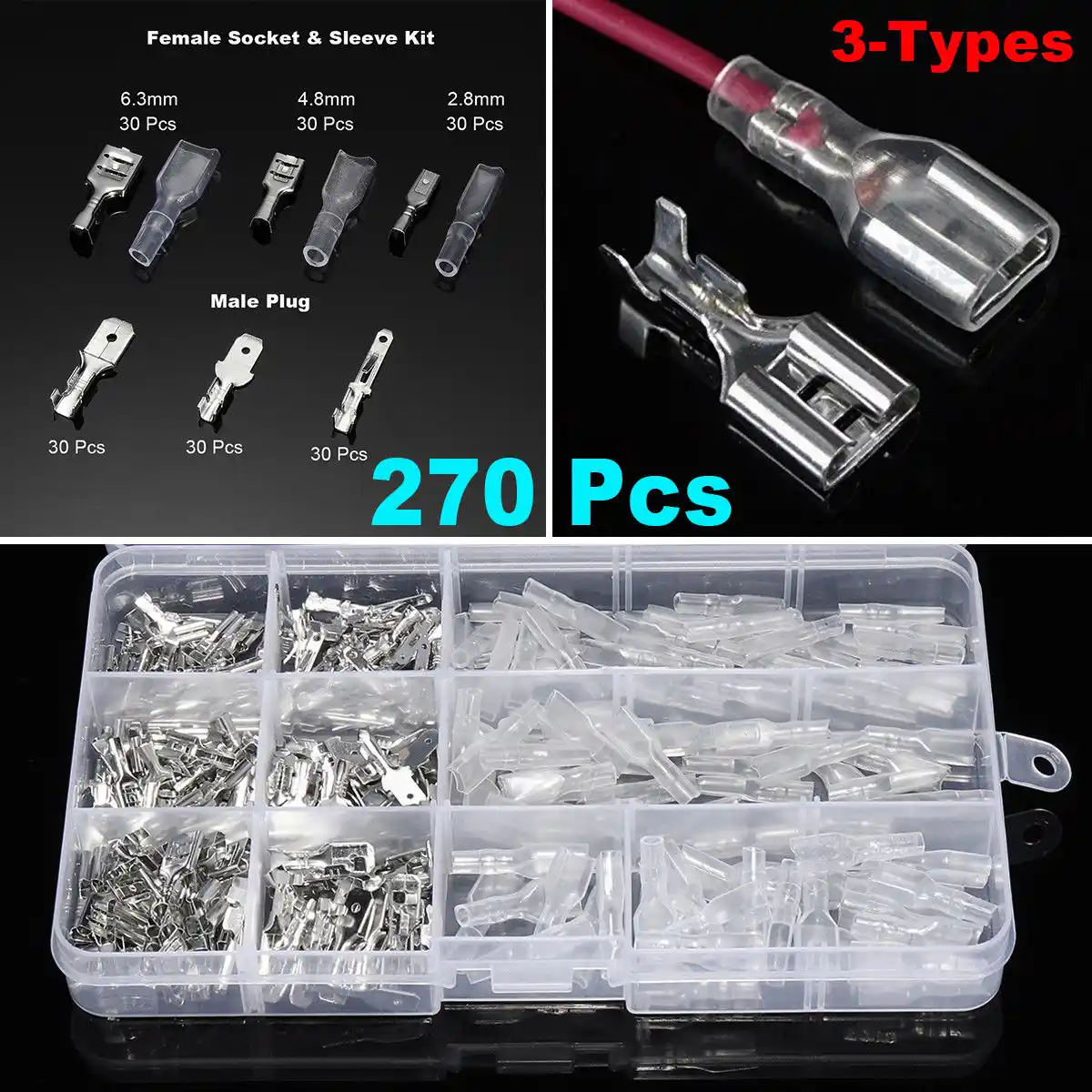 270Pcs hembra macho Spade Conectores Cable /& Set 2.8mm4.8mm6 .3 mmzy terminales de crimpado