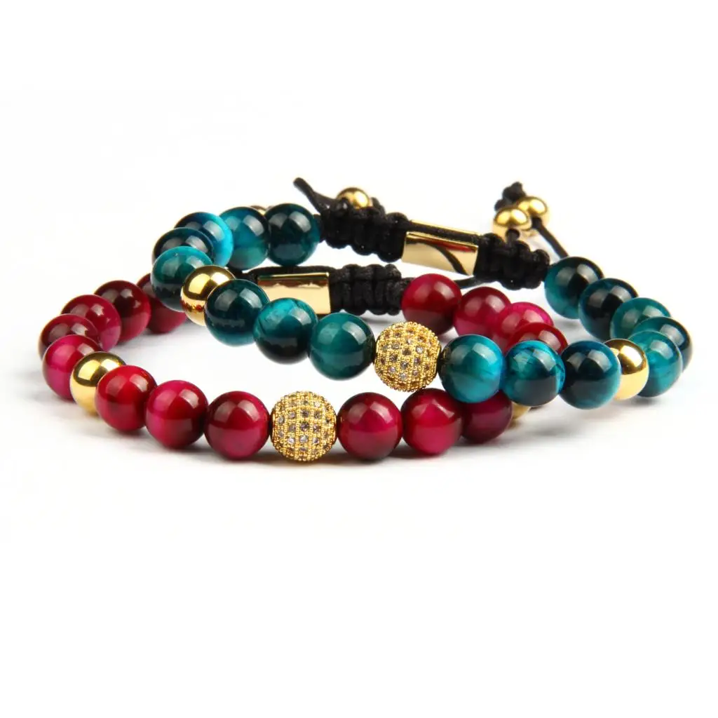 

Ailatu Micro Pave Cz Ball Couples Bracelet with 8mm Natural Blue & Rose Tiger Eye Stone Beads Jewelry Top Quality