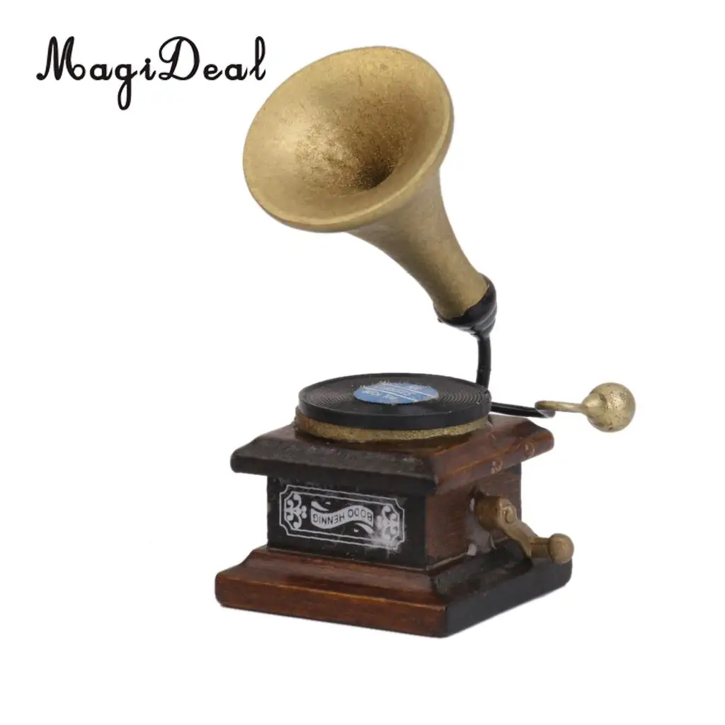 MagiDeal 1/12 Wood Miniature Phonograph Record Player Handicrafts Model for Dollhouse Garden Bedroom Living Room Decor Kids Toy