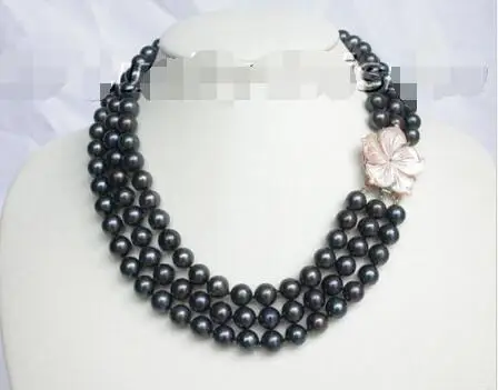 

FREE SHIPPING HOT sell new Style >>>>> Genuine 10mm 3row round black pearl necklace seashell