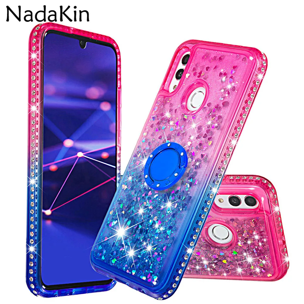 

Gradient Quicksand TPU Silicone Back Case for Huawei P Smart 2019 With Finger Ring Stand Diamond Border for Honor 10 Lite