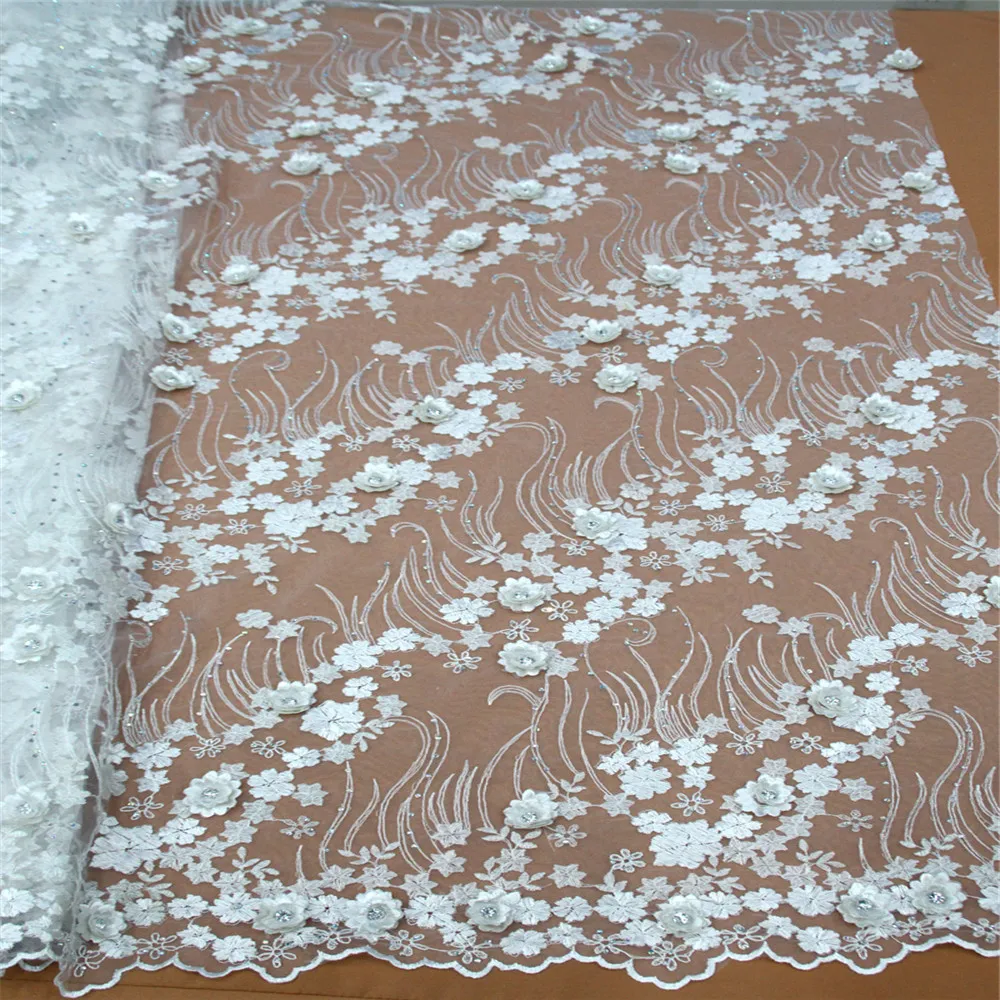 

French 3d Lace Fabric Beige 2018 Latest African Mesh Tulle Lace Fabric 5Y Nigerian Guipure Lace Fabric High Quality R10-2