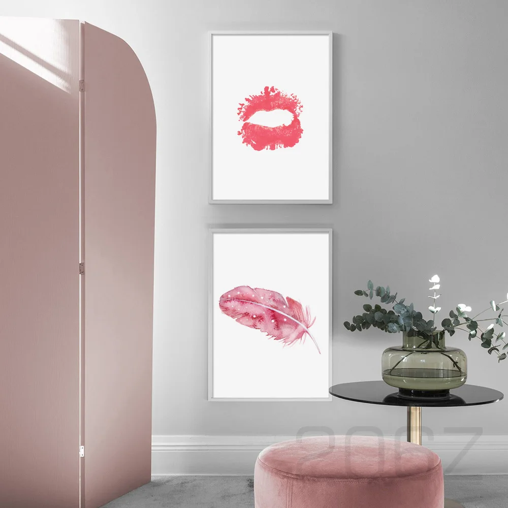 Розовый цветок розы печать Перо губы стены искусства холст живопись скандинавские плакат и печатная графика настенные картины для гостиной домашний декор