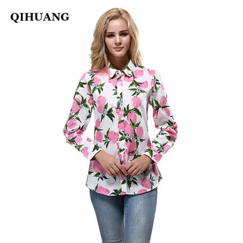

QIHUANG Lemon Printed Women Blouses Cotton Long Sleeve Turn Down Collar Shirt 2019 Fashion Plus Size Tops Casual Women Shirts