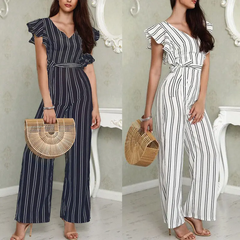 

2018 Newly Summer Fashion Women Ladies Jumpsuits 2 Style Short Ruffles Sleeve Striped Slim Belt High Waist Jumpsuits