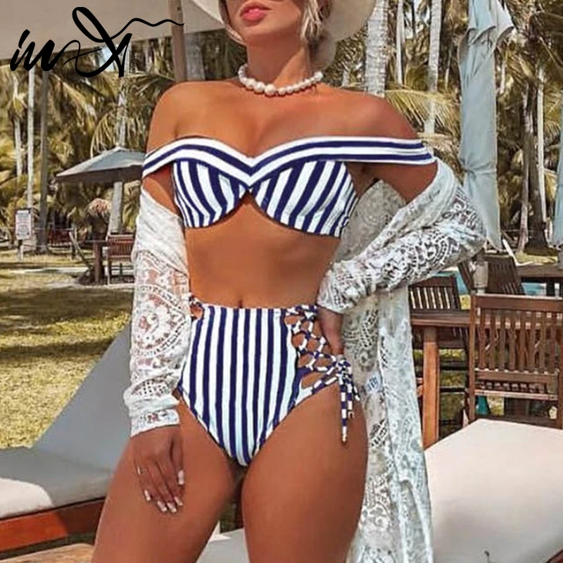

In-X High waist bikini Sexy bandage swimsuit female bathers Push up swimwear women bathing suit Stripe lace up biquini New 2019