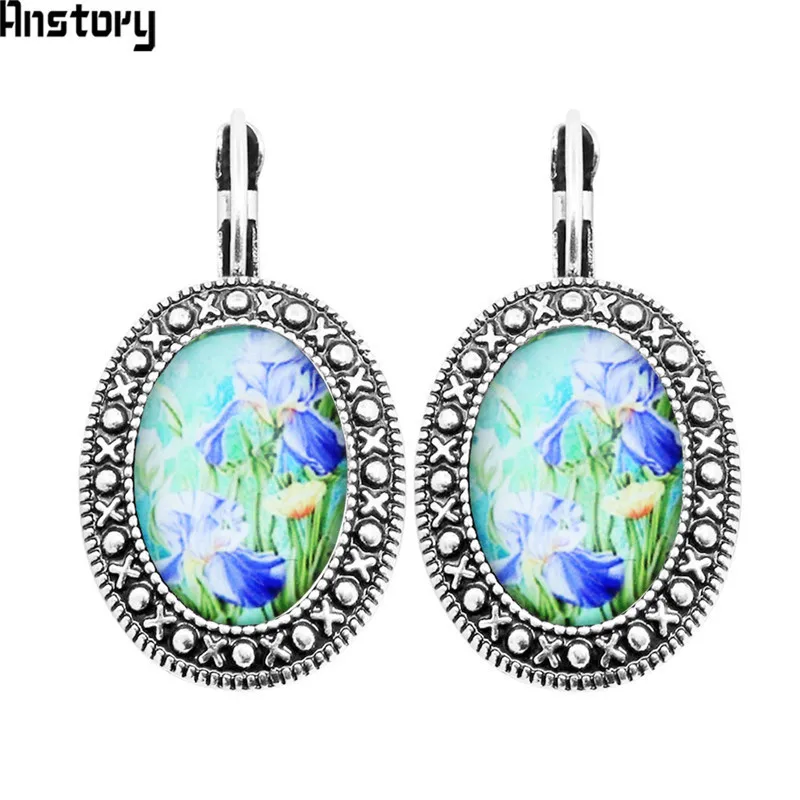 

Oval Acrylic Daffodil Flower Earrings Vintage Pendant Earrings For Women Antique Silver Plated Fashion Jewelry TE446