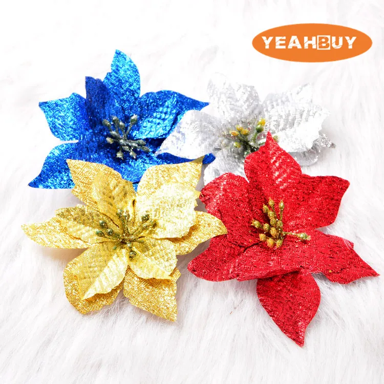

4colors 13CM For christmas decoration artificial plastic flowers Xmas poinsettia flower heads gold dust powder silver red FCFD13