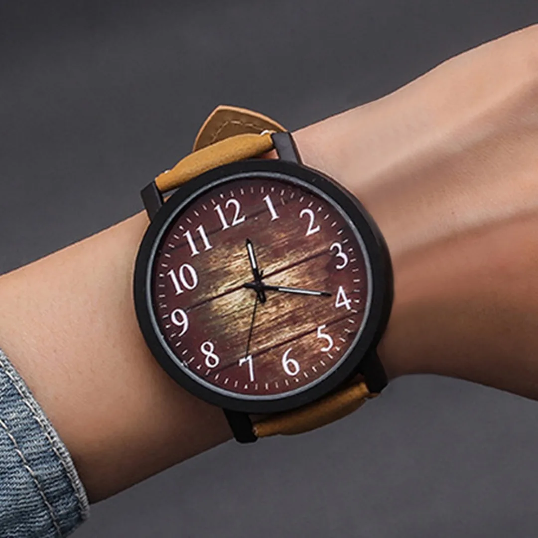 2019 Fashion Large Dial Watch Women Vintage Leisure Imitation Wood Watches Ladies Leather Band Quartz Wristwatch Dress Watch