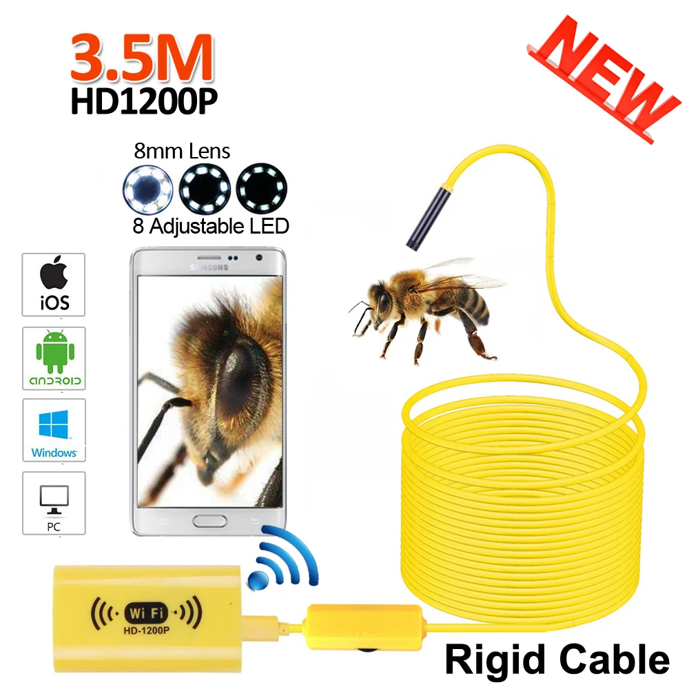 

Full HD1200P 2MP WIFI Snake USB Endoscope Camera 3.5M/2M/1M Rigid Cable Android iPhone WIFI USB Pipe Inspection Borescope Camera