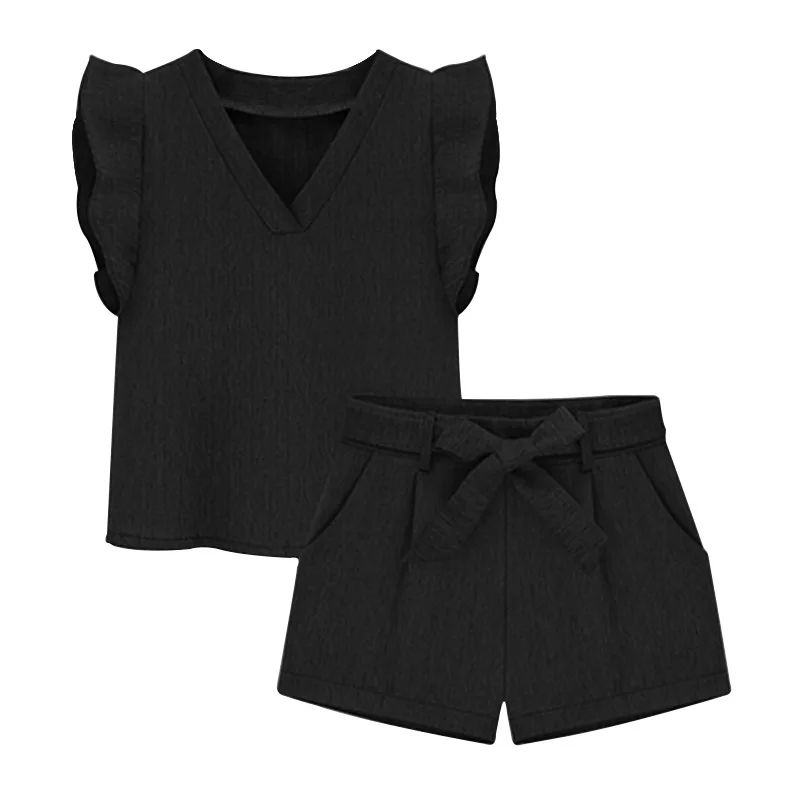

2019 Summer New Solid Color Lotus Leaf Short-sleeved T-shirt Shorts Two Pieces Suit Temperament Womens Tracksuit