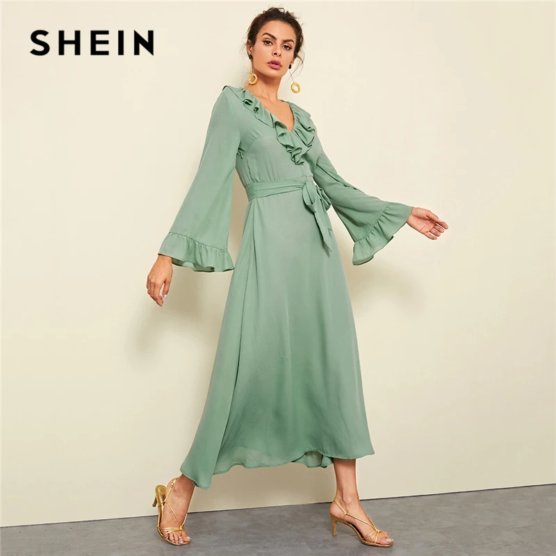 SHEIN Green Solid Ruffle Trim Dress Elegant Casual V Neck Flounce Sleeve Dresses Women Belted