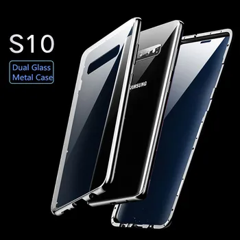 

Magnetic Adsorption Flip Phone Case for S10 S10+ Magnet Metal Cases Front Tempered Glass Back Cover for S10 Plus