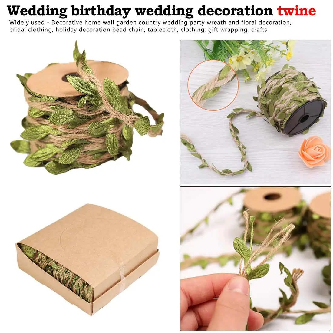 

Wedding Decoration 1Yard Simulation Green Leaves Weaving Hemp Rope DIY Wedding Birthday Rattan Gift Bouquet Packaging Rope 5mm