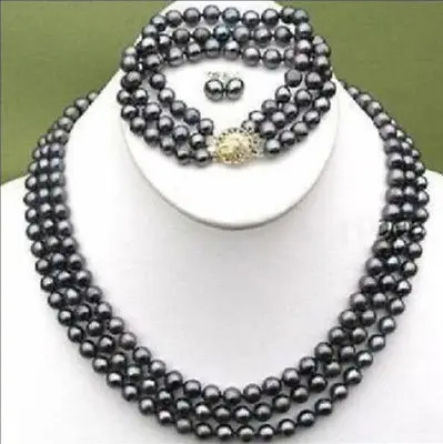 

Hot selling free shipping*****NEW ELEGANT 3 ROWS BLACK 8-9 MM TAHITIAN PEARL NECKLACE BRACELET EARRING SET