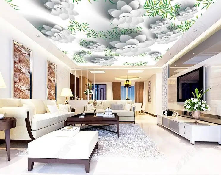

1806 3D Outstrip White Flowers Printing stretch ceiling film for workshop ceiling decoration