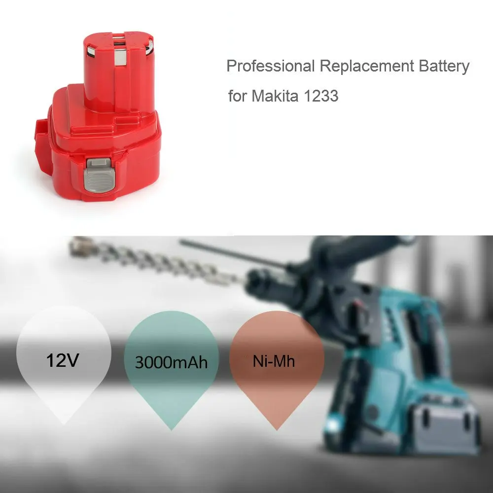 1233 12V 3.0Ah NiMh Battery Replacement for Makita 1220 1222 1234 1235 192598-2 PA12, 12-Volt NiCd Cordless Power Tools Battery